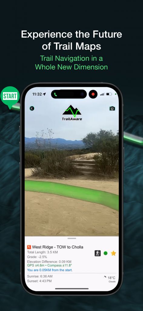 TrailAware AR view with trail line over terrain